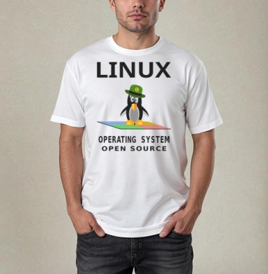 Пингвин в зеленой шляпе на фоне Linux операционная система open source - Магазин футболок Wladimir. Дизайнерские принты.