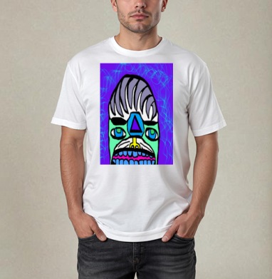Яркое абстрактное лицо с геометрическими элементами и синим узором, Футболка / Мужчинам / Pure / Белая / C принтом
