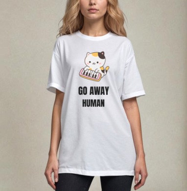 Мультяшный котёнок с синтезатором и надписью GO AWAY, Футболка / Унисекс / Оверсайз / Белая / C принтом