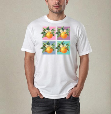 Свежий апельсин с зелёными листьями и цветами в четырёх вариантах фона, Футболка / Мужчинам / Pure / Белая / C принтом
