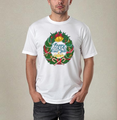 Праздничный рождественский венок с надписью Happy New Year, Футболка / Мужчинам / Pure / Белая / C принтом