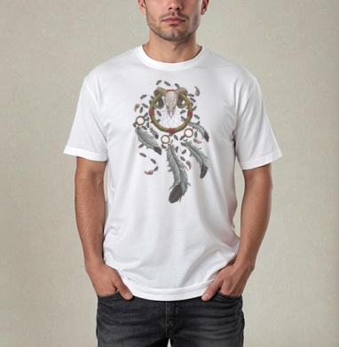 Магический ловец снов с черепом барана Dreamcatcher Skull Amulet, Футболка / Мужчинам / Pure / Белая / C принтом