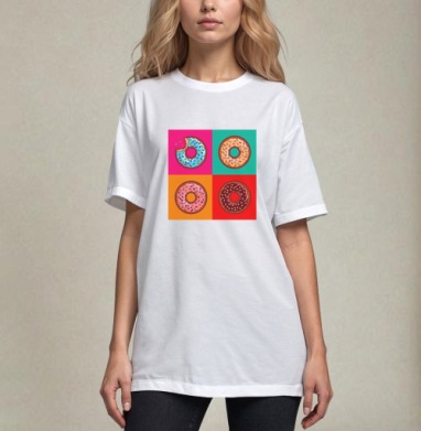 Pop art donut / Пончик в стиле поп-арт, Футболка / Унисекс / Оверсайз / Белая / C принтом