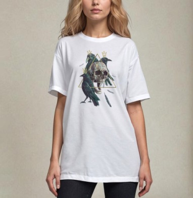 Вороны Короны Череп Фэнтези Мистика, Футболка / Унисекс / Оверсайз / Белая / C принтом
