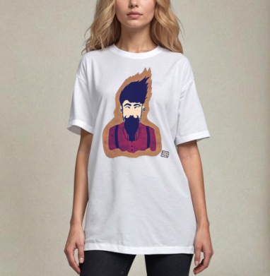 Яркий стилизованный портрет хипстера с огненными волосами, Футболка / Унисекс / Оверсайз / Белая / C принтом