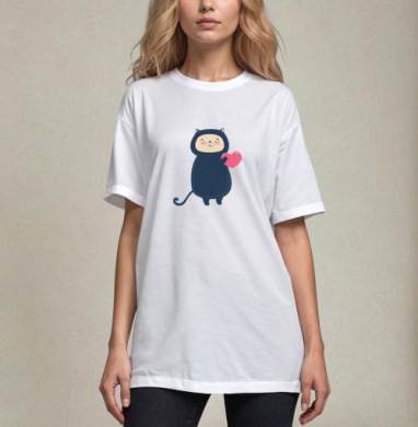 Милый котик с розовым сердцем в kawaii стиле, Футболка / Унисекс / Оверсайз / Белая / C принтом