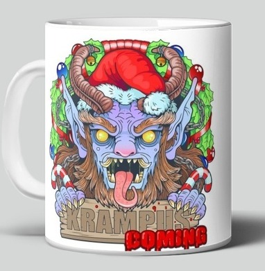 Яркий принт Крампус с надписью «KRAMPUS IS COMING», Кружка c принтом керамическая