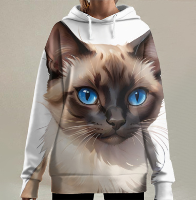 Кот с голубыми глазами и мордой реалистичная живопись, Hoodie Long Oversize 3D