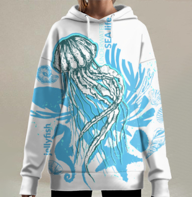 Медуза под водой с кораллами и ракушками подводный мир, Hoodie Long Oversize 3D