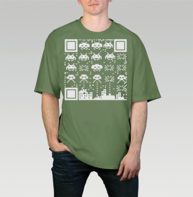 Цифровое инопланетное вторжение с пиксельными пришельцами Space Invaders, Футболка мужская оверсайз оливковая