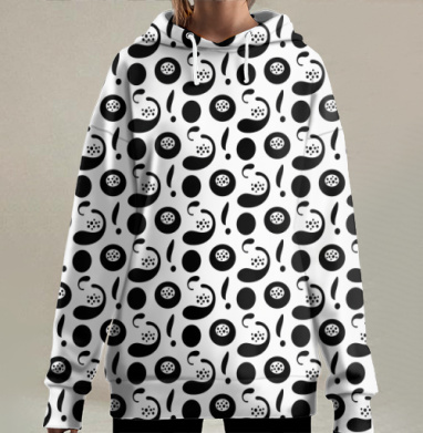 Абстрактные черные пятна на белом фоне в ритмическом полотне, Hoodie Long Oversize 3D