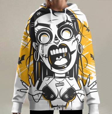 Женщина в панике с летучими мышами на фоне, Hoodie Long Oversize 3D