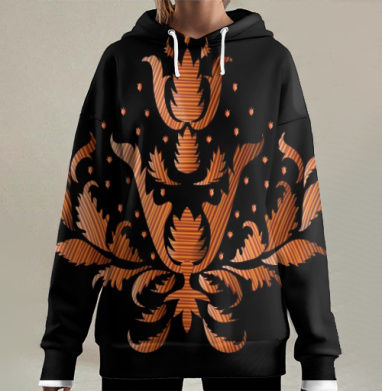 Оранжевый барочный орнамент с объемным эффектом на черном фоне, Hoodie Long Oversize 3D
