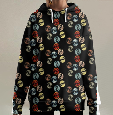 Организованная цветочная симметрия в ярких тонах на черном фоне, Hoodie Long Oversize 3D