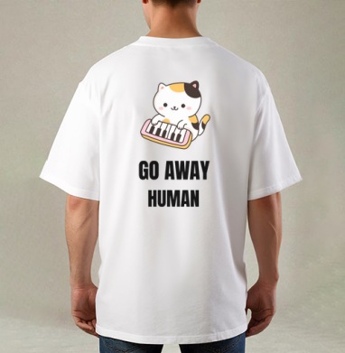 Мультяшный котёнок с синтезатором и надписью GO AWAY, Футболка / Мужская / Оверсайз / С принтом на спине