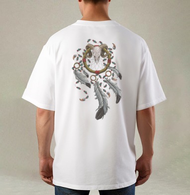 Магический ловец снов с черепом барана Dreamcatcher Skull Amulet, Футболка / Мужская / Оверсайз / С принтом на спине
