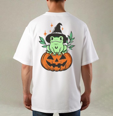Witch Frog Pumpkin / Ведьма Лягушка Магия Хэллоуина Октябрь, Футболка / Мужская / Оверсайз / С принтом на спине