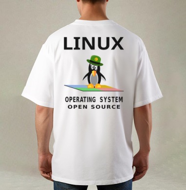 Пингвин в зеленой шляпе на фоне Linux операционная система open source, Футболка / Мужская / Оверсайз / С принтом на спине