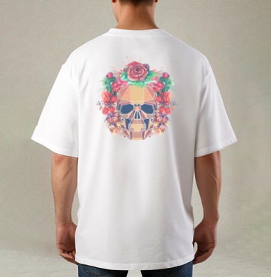 Polygonal human skull and watercolor wreath.Los muertos., Футболка / Мужская / Оверсайз / С принтом на спине
