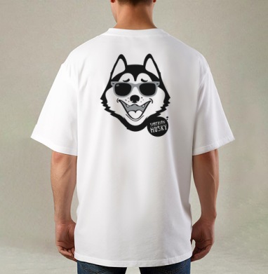 Веселый хаски в солнцезащитных очках - стиль и позитив, Футболка / Мужская / Оверсайз / С принтом на спине