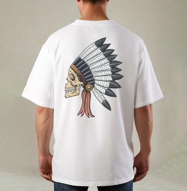 Череп с индейским головным убором в стиле тату, Футболка / Мужская / Оверсайз / С принтом на спине