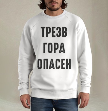 Ироничный принт с надписью «ТРЕЗВ ГОРА ОПАСЕН», Свитшот мужской белый