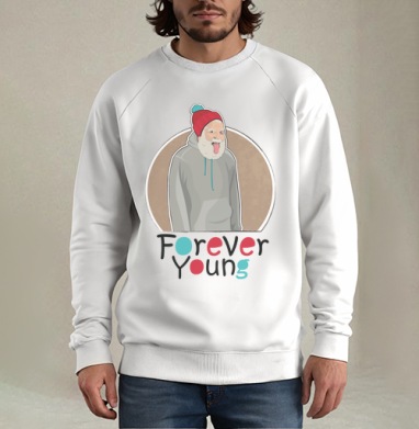 Веселый старик Forever Young с яркой шапкой, Свитшот мужской белый