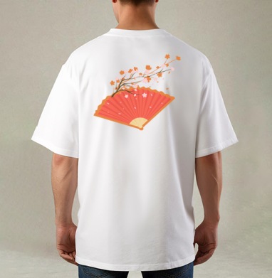 Красный веер с веткой сакуры на оранжевом фоне, Футболка / Мужская / Оверсайз / С принтом на спине