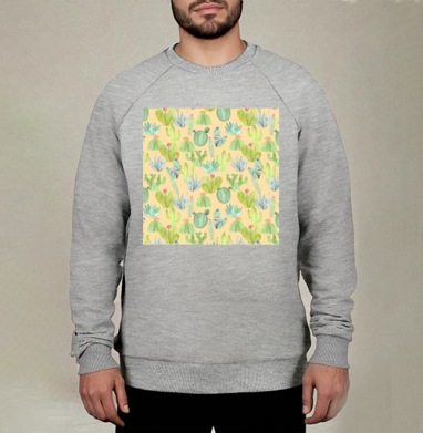 Акварельные зелёные кактусы на светлом песчаном фоне, Свитшот мужской меланж начес/петля