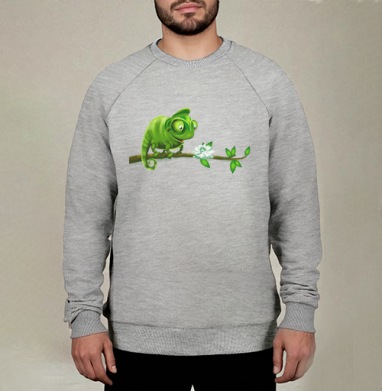 Милый зеленый хамелеон с цветком на ветке, Свитшот мужской меланж начес/петля