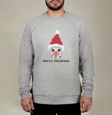 Агрессивный снеговик с красной шапкой и надписью Merry Christmas, Свитшот мужской меланж начес/петля