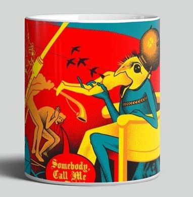 Сюрреалистичный коллаж с птичьим существом в желтом кресле Somebody Call Me a Taxi - Магазин футболок Zorn