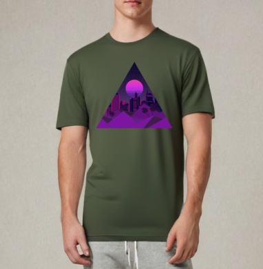Ночной ретровейв город в неоне и треугольнике, Футболка мужская REGULAR темный хаки