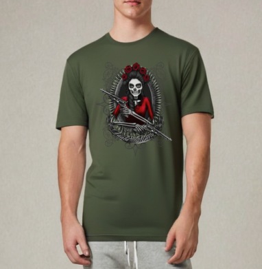 Картина Santa Muerte: мистический скелет в красном платье, Футболка мужская REGULAR темный хаки