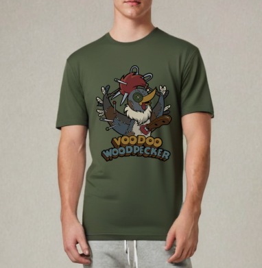 Voodoo Woodpecker Вуду дятел мультяшная стилизованная иллюстрация, Футболка мужская REGULAR темный хаки
