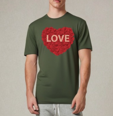Красное сердце из роз с надписью LOVE, Футболка мужская REGULAR темный хаки