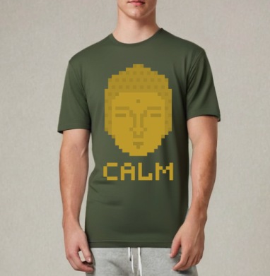 Пиксельное Лицо Будды с Надписью Calm, Футболка мужская REGULAR темный хаки