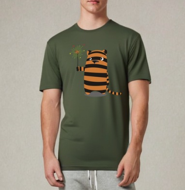 Derpy Tiger/Дерпи Тигр с бенгальским огнем в моменте маленького личного праздника, Футболка мужская REGULAR темный хаки