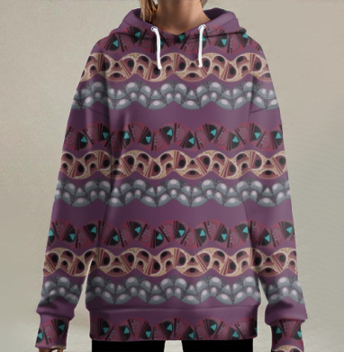 Узор из волнообразных лент с этническими мотивами на бордовом фоне, Hoodie Long Oversize 3D
