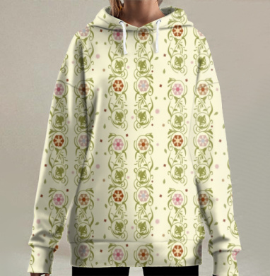 Цветочная узорчатая полоса с зелёными ветвями на кремовом фоне узор, Hoodie Long Oversize 3D