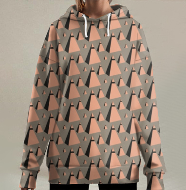 Серые и бежевые треугольники в динамическом ритме и текстуре, Hoodie Long Oversize 3D