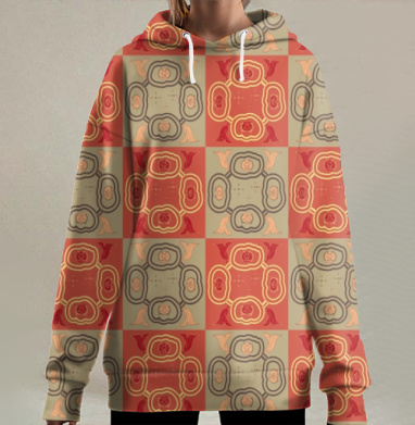 Винтажный орнамент с красным и бежевым акцентом, Hoodie Long Oversize 3D