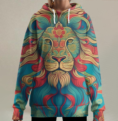 Цветной Лев Могущество Величие силовые качества, Hoodie Long Oversize 3D