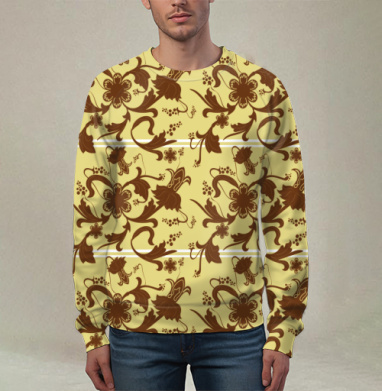 Декоративный растительный узор в бежево коричневых тонах с голубыми линиями, Свитшот мужской 3D