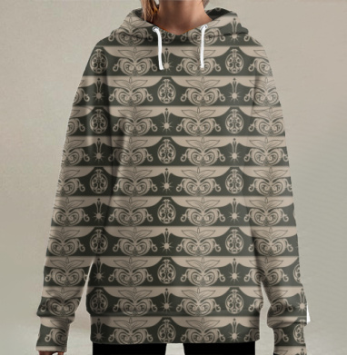 Классический орнамент в черно бежевых тонах на ткани, Hoodie Long Oversize 3D