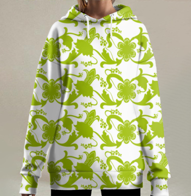 Зеленые цветочные мотивы на сером фоне для украшения интерьера, Hoodie Long Oversize 3D