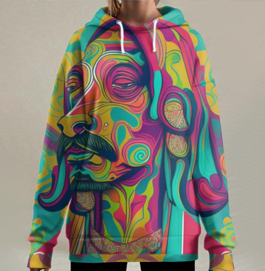 Яркий абстрактный портрет собаки сине бирюзовый малиновый жёлтый, Hoodie Long Oversize 3D
