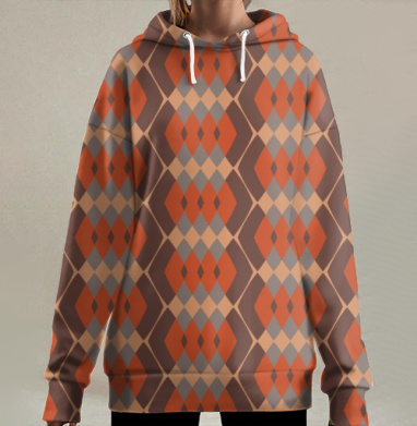 Ретро геометрический орнамент в коричневых тонах на ткани, Hoodie Long Oversize 3D