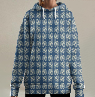 Классический узор с изящными завитками темно синий узор, Hoodie Long Oversize 3D