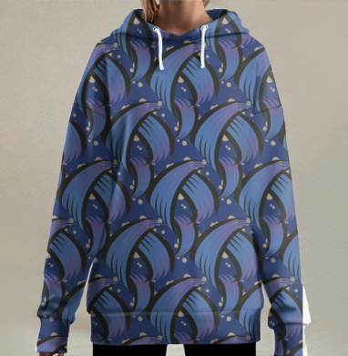 Синяя фиолетовая сова схема ночная атмосфера, Hoodie Long Oversize 3D